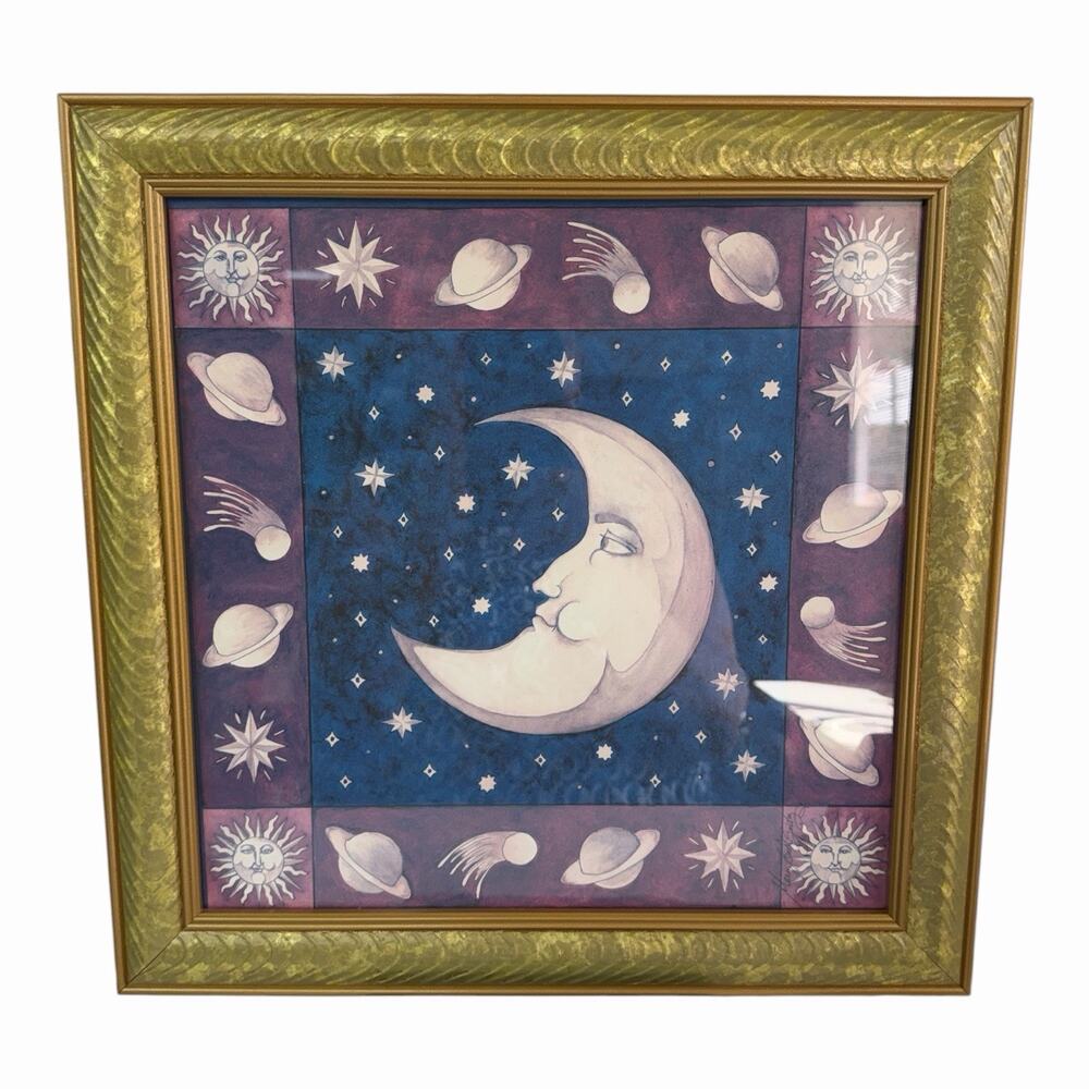 Vintage 1990 Mary Beth Zeitz Celestial Moon and Stars Sun Print Gold Picture 15”
